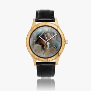 Customized Wooden Watch - Olive Wood Watch with Genuine Leather Strap in 3 Colors - Personalized Watch with Watercolor Portrait from Photo
