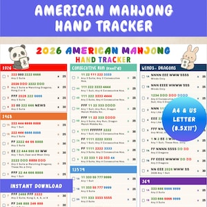 Puede incluir: Una hoja de puntuación de seguimiento de manos de Mahjong americano 2026 con texto colorido, una ilustración de panda y conejo, y reglas de juego categorizadas. El documento incluye secciones para 2026, 2468, carreras consecutivas, vientos, dragones, 13579 y 369 manos, en A4 y 8.5x11 pulgadas.