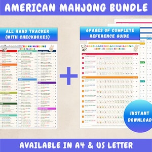 May include: An American Mahjong bundle featuring an all hand tracker with checkboxes and a six-page complete reference guide. The documents include colourful text, icons, and the 2026 American Mahjong title. The bundle is available in A4 and US Letter.