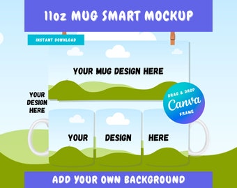 11oz White Mug Canva Background Drag and Drop Mockup | Canva Full Wrap Mug Mockup | 11oz Coffee Mug Canva Frame | Editable Canva Mug Mockup
