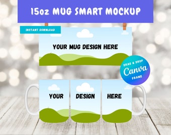 15oz White Mug Canva Drag and Drop Mockup | Canva Full Wrap Mug Mockup | 15oz Coffee Mug Canva Frame | Editable Canva Mug Mockup