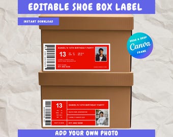 Invito per festa a tema scatola di scarpe modificabile su Canva, Modello di etichetta per scatola di scarpe da ginnastica, Pacchetto di etichette stampabili per scatola di scarpe per bomboniere a tema sportivo su Canva