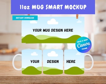 11oz White Mug Canva Drag and Drop Mockup | Canva Full Wrap Mug Mockup | 11oz Coffee Mug Canva Frame | Editable Canva Mug Mockup
