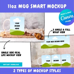 May include: Mockup of a 11oz white mug with a green and blue design. The mug is on a wooden surface with a brown leaf. The text "Your Design Here" is on the mug. The image shows two different mockup styles: a single side real life mockup view and a 3 angle and full wrap view.