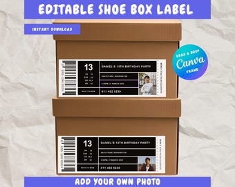 Invito per festa a tema scatola di scarpe modificabile in formato Canva, etichetta per scatola di scarpe da ginnastica, download digitale a tema sportivo stampabile.