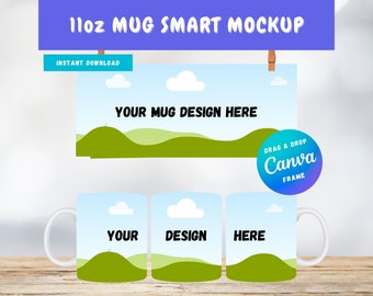 Maqueta de taza blanca de 11 oz Canva Drag and Drop / Maqueta de taza de envoltura completa de Canva / Marco de Canva de taza de café de 11 oz / Maqueta de taza de Canva editable