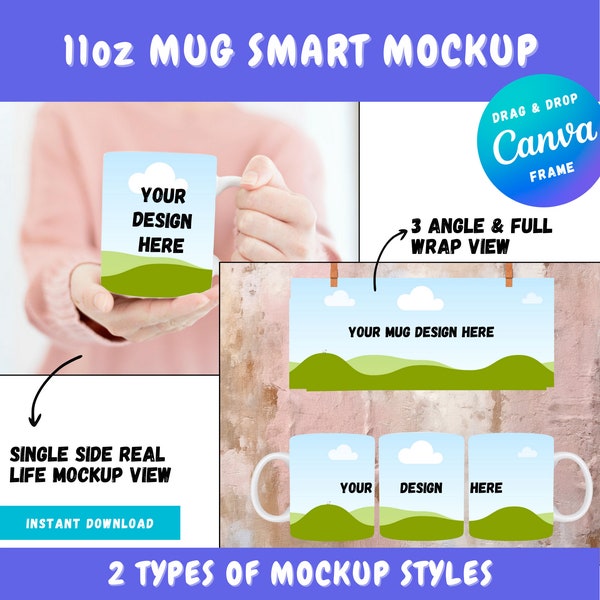 11oz White Mug Canva Drag and Drop Mockup | Canva Full Wrap Mug Mockup | 11oz Coffee Mug Canva Frame | Editable Canva Mug Mockup