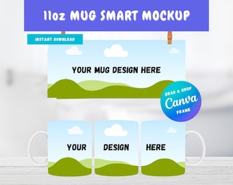 11oz White Mug Canva Drag and Drop Mockup | Canva Full Wrap Mug Mockup | 11oz Coffee Mug Canva Frame | Editable Canva Mug Mockup