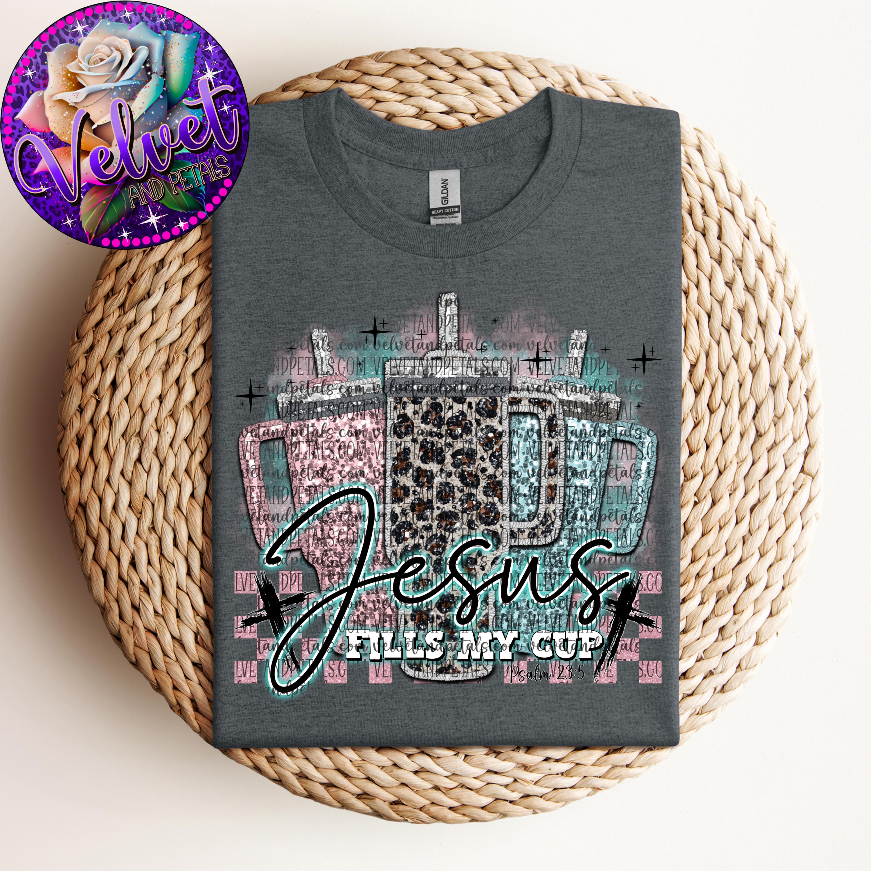 Jesus Fills My Cup, glitter png, trending png, pink and turquoise, leopard, sublimation, DTF, faith design, glitter design, digital download