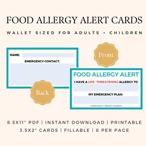Food Allergy Alert Card Printable for Kids & Adults; Personalize Allergens, Emergency Plan, and Emergency Contact; Instant Download