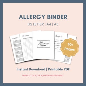 Puede incluir: Un archivador blanco para alergias con el texto "Allergy Binder" y varias páginas con listas y gráficos. La imagen también incluye el texto "US LETTER | A4 | A5" y "30+ Pages". También son visibles las palabras "Instant Download | Printable PDF".
