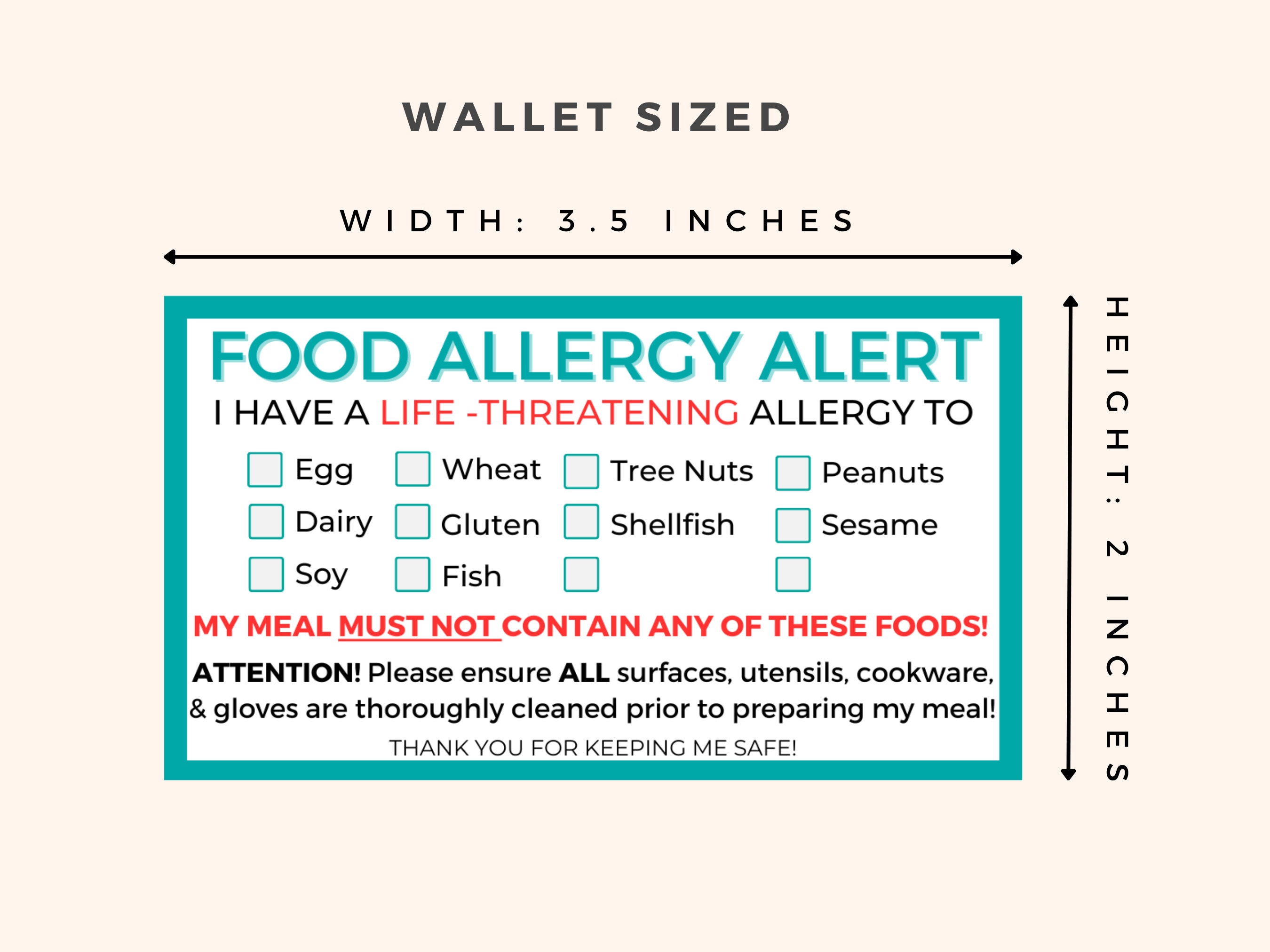 Food Allergy Card, Allergy Card for Kids, Chef Card, Food Allergy ...