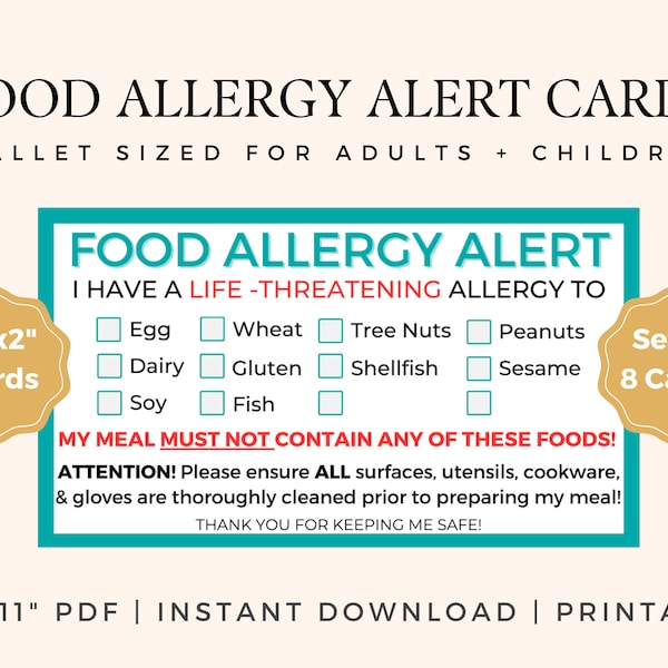 Food Allergy Card, Allergy Card For Kids, Chef Card, Food Allergy Awareness, Tree Nut Allergy Card, Dairy Allergy Gluten Allergy Egg Allergy