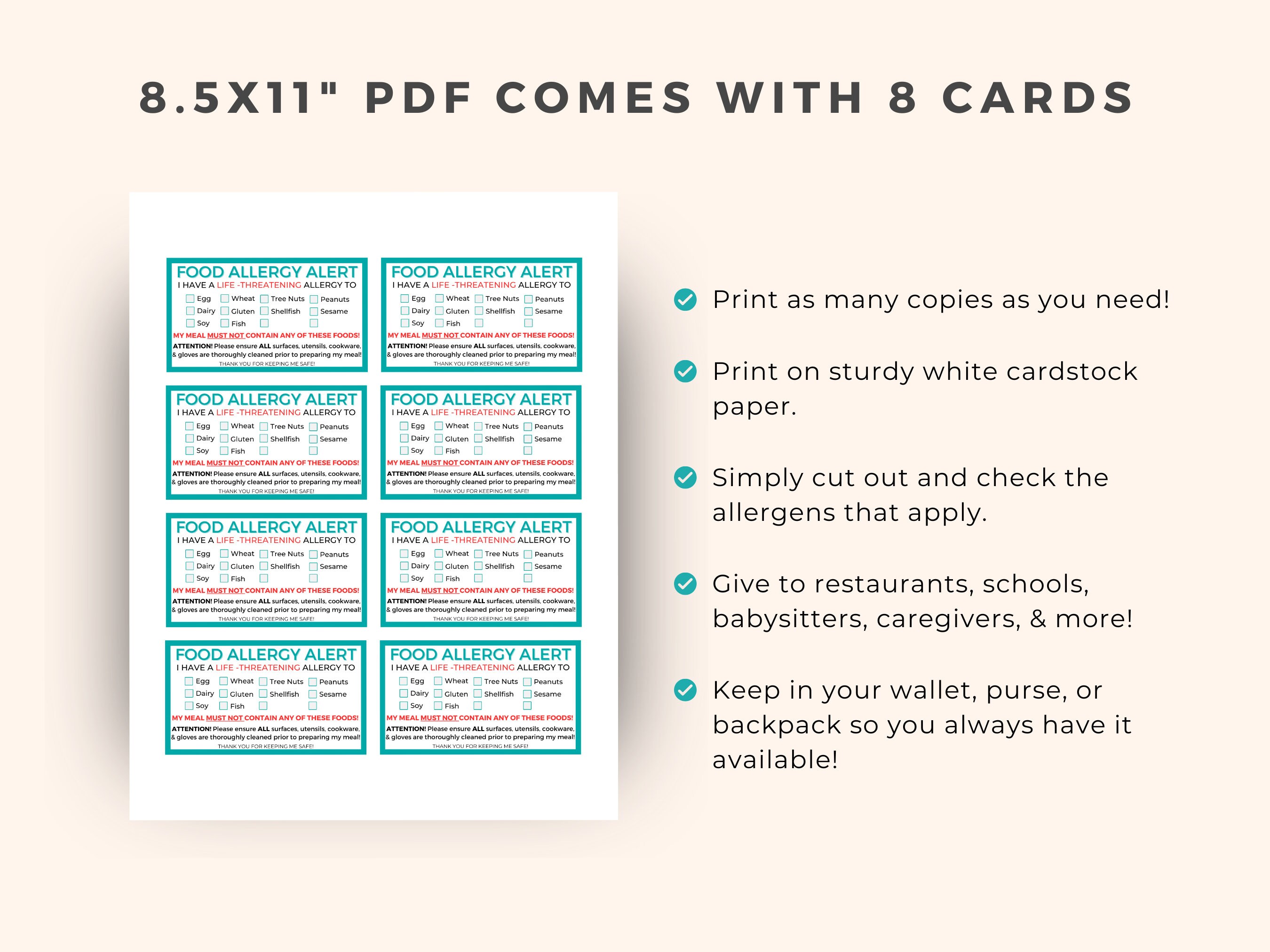 Food Allergy Card, Allergy Card for Kids, Chef Card, Food Allergy ...