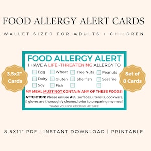 Afdrukbare kaart voedselallergiewaarschuwing, kaart voedselallergie voor volwassenen en kinderen, kaart voor chef-kok voor restaurants, bewustwording van voedselallergie