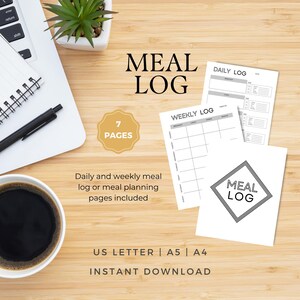 Meal Log, Printable Food Log, Daily Food Journal, Weekly Food Tracker Printable, Water Tracker, Macros Tracker, Minimalist Meal Planner Page