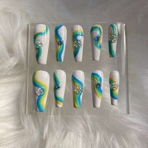 Retro Flower Swirl Press On Nail/ Multi Color Nails/ Coffin Nails/ Long Nails/ Press Ons/ Rhinestones/ Handmade press on nails