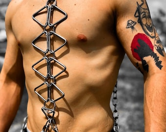 Men’s Body Chain Stainless Steel Harness - Bold Industrial Rave & Festival Fashion - Mens Edgy Chest Harness for Party / Clubwear