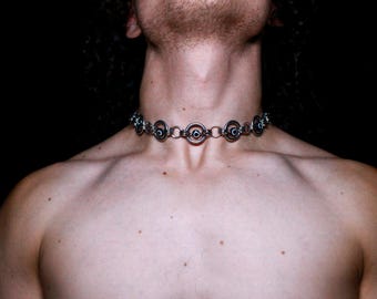 Evil Eye Chain Choker – Stainless Steel Statement Necklace – Protective O-Ring Choker – Handmade Unisex Jewelry