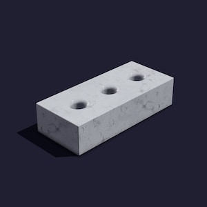 May include: A white concrete brick with three circular holes. The brick has a rough, textured surface.