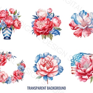 Watercolor Patriotic Flowers Clipart Bundle PNG, Independence Day ...