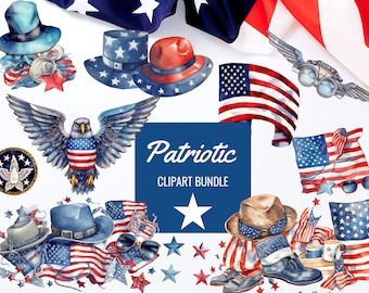 Watercolor Patriotic Clipart Bundle PNG, Patriotic Clipart, Independence Day, Commercial Use Instant Download, Transparent Background