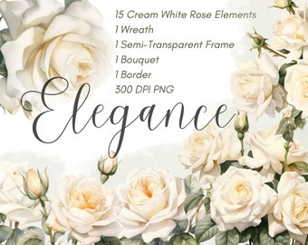 Watercolor White Roses Clipart, White Roses PNG Commercial Use Instant Download, Wedding Invitation, Flower, Wedding Decor, Bridal Graphics