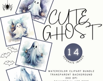 Aquarelle Mignon Fantôme Clipart | Aquarelle Halloween PNG | Image de collage effrayante | Clipart de journal indésirable | Artisanat en papier pour planificateur numérique