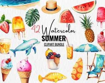 Watercolor Summer PNG Clipart Bundle ,Transparent Background, Commercial Use - Holiday Clipart, Tropical Clipart Set, Watercolor Beach