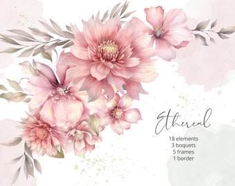 Watercolor Pink Flowers PNG Clipart, Wedding Clipart, Pink Spring Floral Clipart, Floral Arrangements, Floral Clip art, Commercial Use