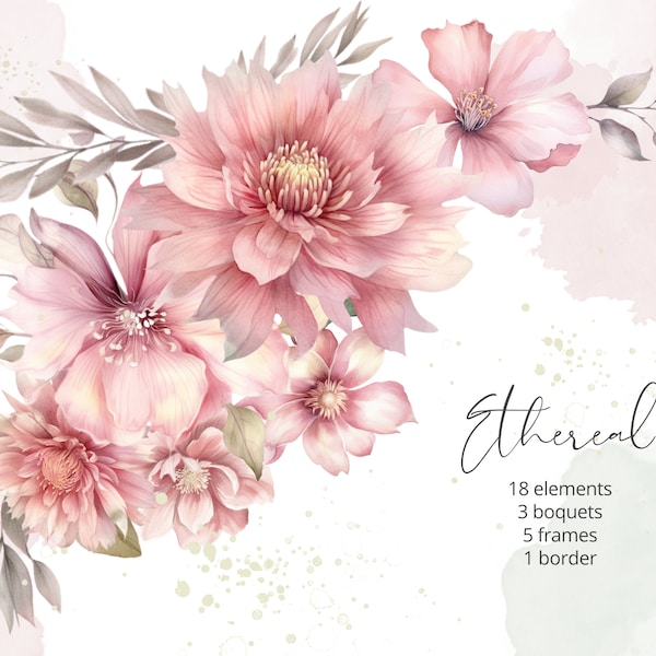 Watercolor Pink Flowers PNG Clipart, Wedding Clipart, Pink Spring Floral Clipart, Floral Arrangements, Floral Clip art, Commercial Use