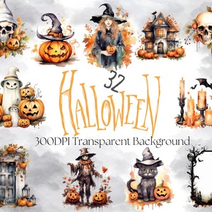 Aquarelle Halloween Clipart - Scary Halloween Clipart - Beautiful Halloween - Junk Journal Clipart Bundle - Chat noir - Citrouille - Porche