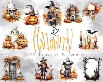 Watercolor Halloween Clipart - Scary Halloween Clipart - Beautiful Halloween -  Junk Journal Clipart Bundle - Black cat  - Pumpkin - Porch