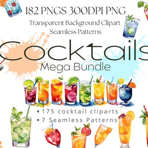 182 Watercolor Cocktail Drink PNG Clipart Bundle, Seamless Patterns, Commercial Use, Digital Paper, Transparent Background, DIY Sublimation