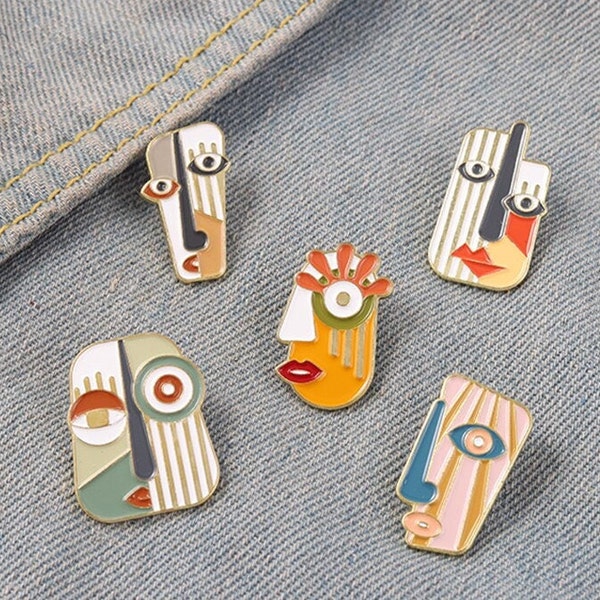 Abstract Face Enamel Pins Modern Geometric Portrait Art Metal Brooches Animal Badges Pins up Gift for Men Women Accessories