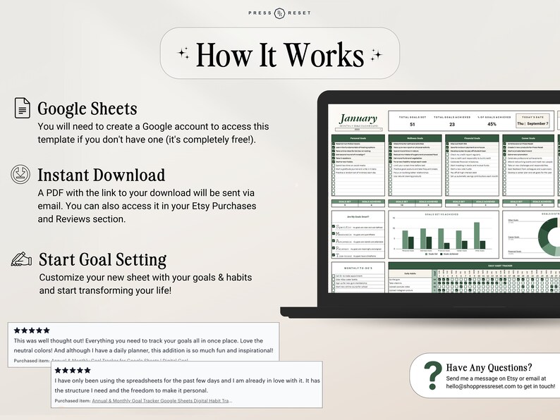 May include: A digital illustration of a laptop screen showing a Google Sheets template for goal setting. The template is green and white and includes a calendar, charts, and graphs. The text on the screen reads "January Monthly Goal Tracker". The image also includes text that reads "Google Sheets", "Instant Download", "Start Goal Setting", and "Have Any Questions?"