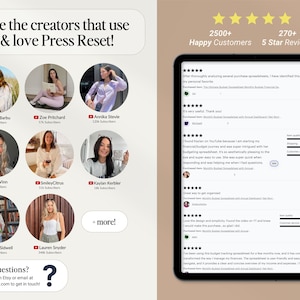 May include: A screenshot of a website with a light brown background. The website features a collage of round images of women, each with a YouTube icon and subscriber count. The text "See the creators that use & love Press Reset!" is at the top of the image. The text "Have Any Questions? Send me a message on Etsy or email at hello@shoppressreset.com to get in touch!" is at the bottom of the image. The right side of the image shows a tablet with a screenshot of a website with customer reviews. The text "2500+ Happy Customers" and "270+ 5 Star Reviews" is at the top of the image.