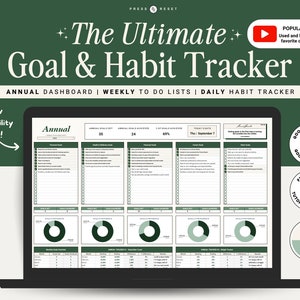 May include: A laptop computer displaying a green and white digital goal and habit tracker spreadsheet. The spreadsheet includes sections for annual goals, health and wellness goals, financial goals, career goals, and other goals. The spreadsheet also includes a section for daily habit tracking. The title of the spreadsheet is "Annual Goal & Habit Tracker".