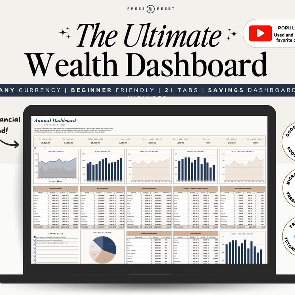 The Ultimate Budget Spreadsheet Monthly Budget Dashboard Debt Calculator Sinking Funds Google Sheets and Excel Budget Tracker - Tan & Navy