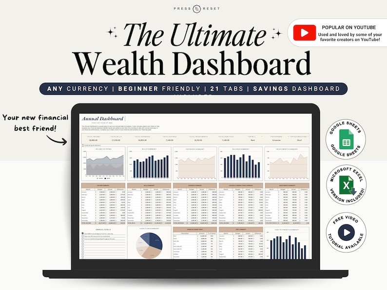 May include: A laptop computer displaying a spreadsheet with charts and graphs. The spreadsheet is titled "Annual Dashboard". The laptop is on a white background with text that reads "The Ultimate Wealth Dashboard" and "Any Currency | Beginner Friendly | 21 Tabs | Savings Dashboard".