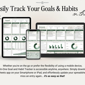 May include: A digital illustration showing a laptop, tablet, and smartphone displaying a green and white spreadsheet with the text "Annual" and "January". The text "Easily Track Your Goals & Habits on the go!" is displayed above the devices.
