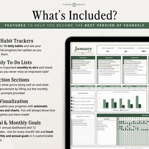 May include: A digital planner with a green and white color scheme. The planner includes sections for daily habit trackers, monthly to-do lists, reflection sections, data visualization, and annual and monthly goals. The planner is designed to help users become the best version of themselves.