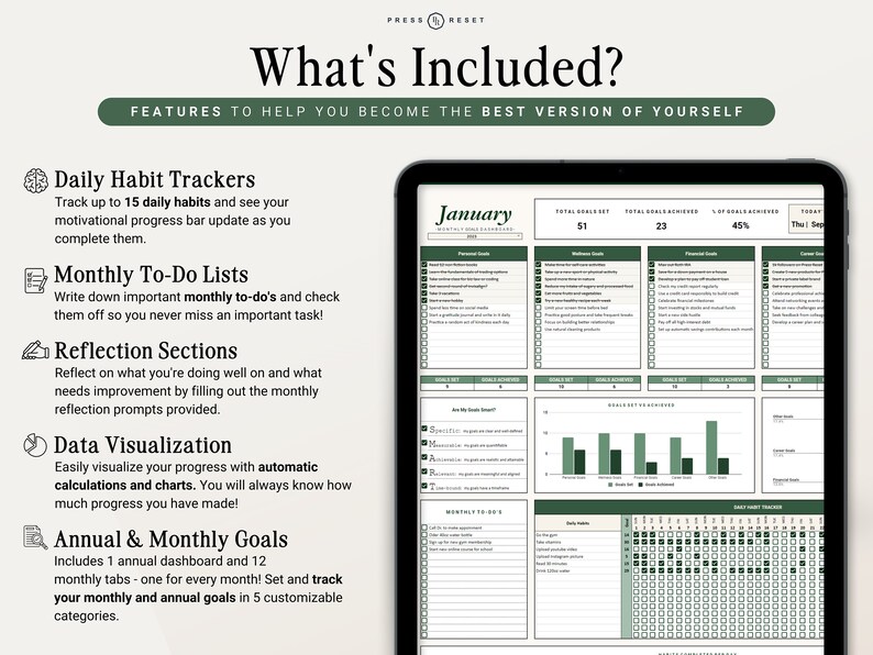 May include: A digital planner with a green and white color scheme. The planner includes sections for daily habit trackers, monthly to-do lists, reflection sections, data visualization, and annual and monthly goals. The planner is designed to help users become the best version of themselves.