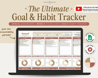 Annual & Monthly Goal Tracker Google Sheets Digital Habit Tracker Monthly Goals Planner Habit and Goal Dashboard - Warm Neutral