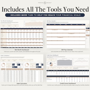 May include: A digital spreadsheet with tabs for Net Worth Dashboard, Bill Pay Calendar, Debt Calculator, and Credit Score Dashboard. The spreadsheet is designed to help users track their finances and reach their financial goals.