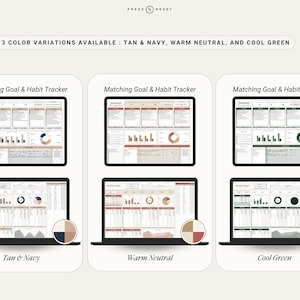 May include: Three different color variations of a printable goal and habit tracker. The first variation is tan and navy, the second is warm neutral, and the third is cool green.