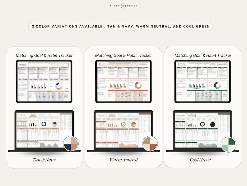 May include: Three different color variations of a printable goal and habit tracker. The first variation is tan and navy, the second is warm neutral, and the third is cool green.