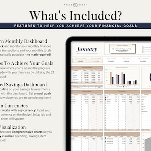May include: A digital budget planner with a modern monthly dashboard, 21 tabs to achieve financial goals, a detailed savings dashboard, custom currencies, and data visualization charts. The dashboard features a January budget summary with a pie chart, bar graphs, and tables.