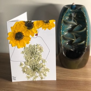 Carte de remerciement fleurs pressées, carte de voeux fleurs séchées, art floral véritable, cadeau pour elle, amoureux de la nature, jaune et blanc