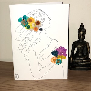 Pressed flower thank you card, dried flower greeting card, real flower art, valentine card, self love card, girl collection card, flower gir
